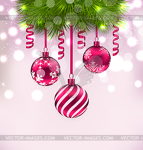 Christmas fir branches and glass balls, copy space - color vector clipart