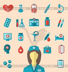 Set trendy flat icons of medical elements and nurse - vector clipart