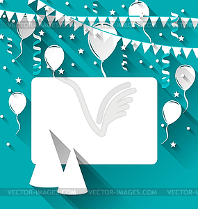 Celebration card with party hats, balloons, confett - vector image