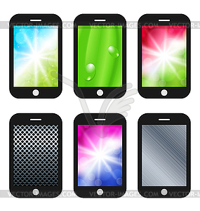 Black mobile phone with different wallpapers - vector image