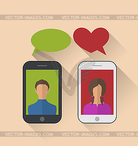 Two lovers communicating with mobile phones, - vector image