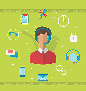 Concept of call center with operator woman in - vector clipart
