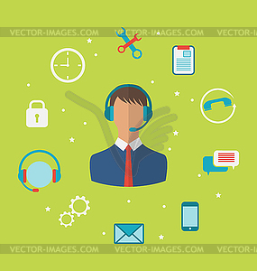 Concept of call center with operator man in - vector image