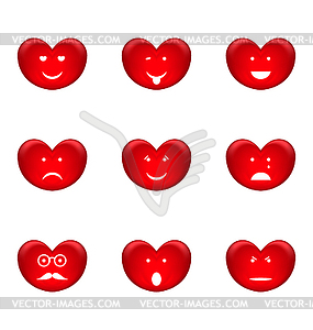 Set of smiles of heart shape with many emotions - vector image