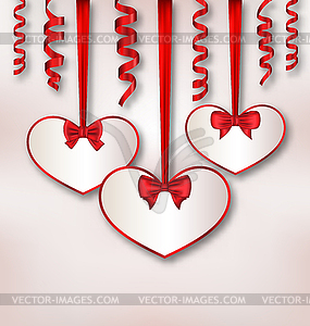 Set card heart shaped with silk ribbon bows and - vector image