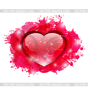 Beautiful glassy heart on grunge pink blobs for - vector image