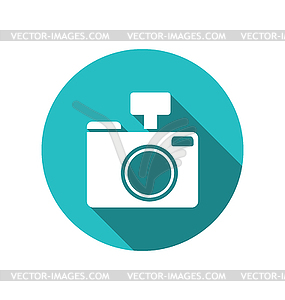 Icon photo camera white cuted on blue round backdrop - vector image