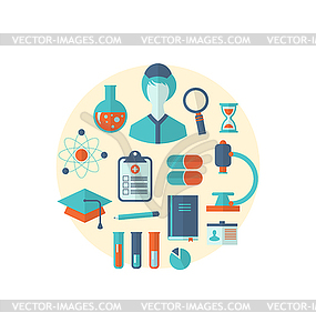Flat icon of objects chemical and medical research - vector image