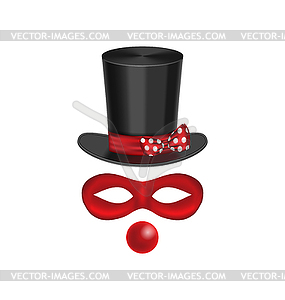 Accessories for clown - hat, mask, red nose are - vector image