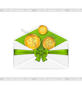 Open white envelope with golden coins and bow ribbo - vector image