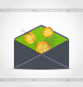 Open envelope with golden coins for St. Patrick`s - vector clip art