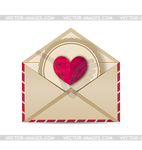 Paper grunge heart in open old envelope - vector image