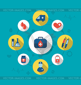 Set trendy flat icons of medical elements and - stock vector clipart