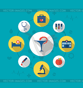 Set trendy flat icons of medical elements and - vector clip art