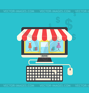 Concept of online shop, flat icons of computer, - vector EPS clipart