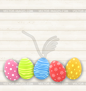 Easter colorful eggs on wooden texture - vector EPS clipart