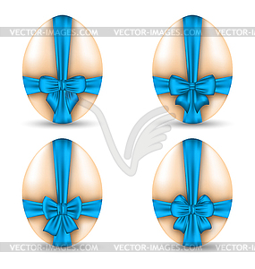Пасхальный набор празднование яйца упаковка голубыми бантиками - рисунок в векторе