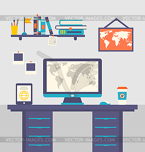 Work place home interior, table, tablet pc, - vector clipart