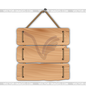 Wooden sign board with rope hanging on nail - vector image