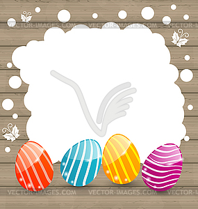 Holiday card with Easter colorful eggs on wooden - vector clip art