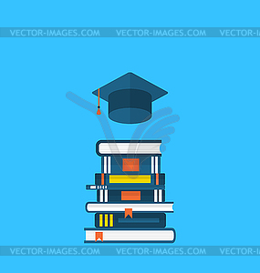 Flat icons of graduation cap and heap textbooks - vector clipart