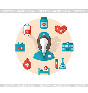 Nurse with medical icons for web design, modern fla - vector clipart / vector image