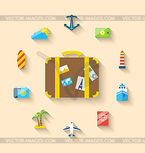 Flat set icons tourism objects and equipment with - vector clip art