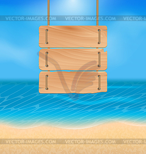 Blank wooden sign on beach, natural seascape - vector clip art