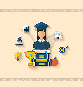 Flat icons of magister female with graduation and - vector clip art