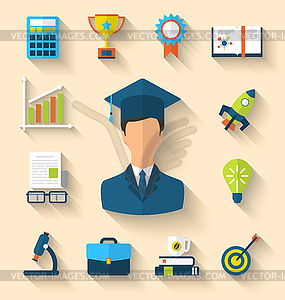 Flat icons of magister and objects for high school - vector image