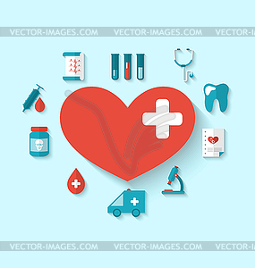 Collection modern flat icons of hearts and medical - vector image