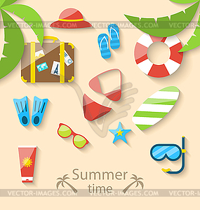 Summer vacation time with flat set colorful simple - vector clipart