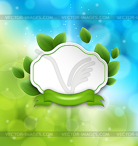 Abstract label with eco green leaves and ribbon on - vector clipart / vector image