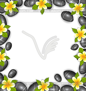 Border Made in Stones and Tropical Beautiful Flowers - color vector clipart