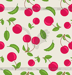 Vintage Seamless Wallpaper of Cherries with Green - vector image