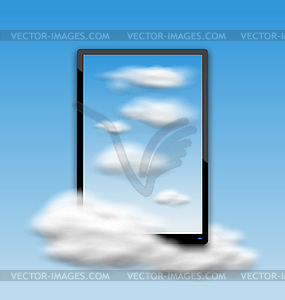 Black Tablet PC Computer with Clouds and Blue Sky - vector clipart