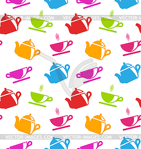 Seamless Texture with Teapots and Teacups - vector clipart