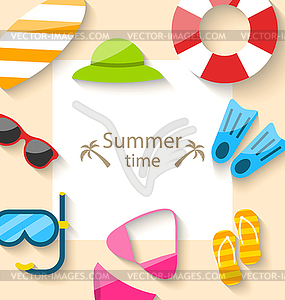 Summer Traveling Card with Beach Accessories - vector image