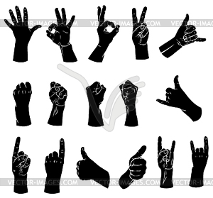 Silhouettes set of hands showing different gestures - vector image