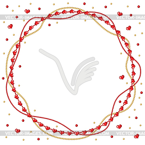 Valentine round greeting frame of gold and red beads - color vector clipart