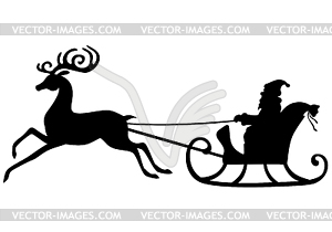 Silhouette Santa Claus riding on deer sleigh - vector image