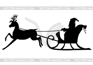Силуэт Санта-Клаус едет на оленьей упряжке - векторизованный клипарт