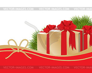 New year card with fir branches and gifts - vector image