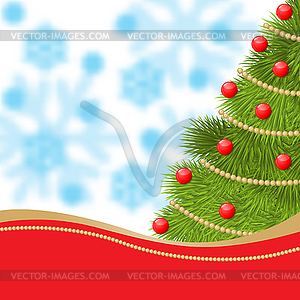 New year card with fir decorated red balls and - vector clip art