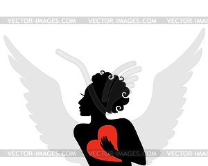 Silhouette of winged cupid with red heart in hand - vector image