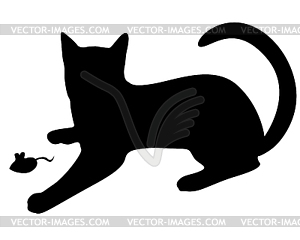 Silhouette black cat playing with mouse - vector image