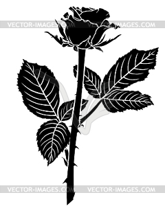 Силуэт розы бутон с двумя крупными листьями - клипарт в векторе / векторное изображение