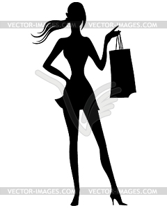 Silhouette of woman with shopping bags in hand - vector clipart