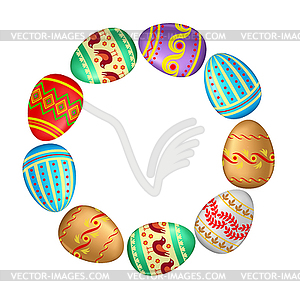 Greeting Easter round frame with decorative eggs - vector image