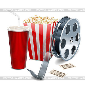 Movie showing with Popcorn, film reel and drinks - vector image